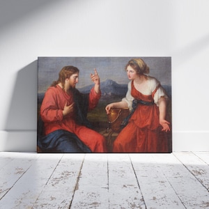 Könnte beinhalten: Rechteckiger Leinwanddruck eines klassischen Gemäldes, das zwei Figuren in einer Landschaft zeigt. Eine Figur in roten Gewändern gestikuliert nach oben. Die andere, in einem roten Kleid, schaut zu. Der Hintergrund zeigt eine Bergkette.