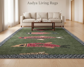 Green Oushak Rug, Hand Knotted Fish Pattern, Coastal Home Decor