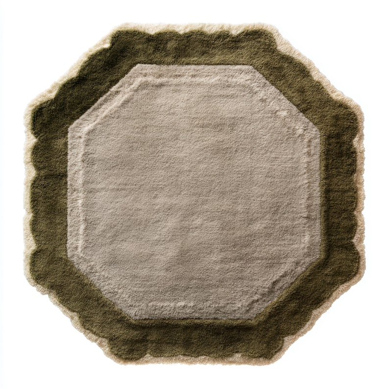 Scalloped Octagon Rug – Olive Green Beige Tufted Carpet With Fringe - Etsy