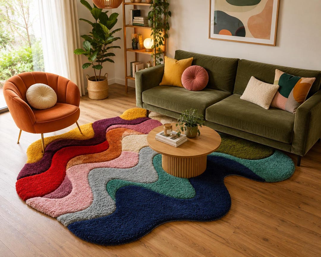 Abstract Wavy Tufted Rug – Colorful Irregular Shape Carpet for Boho ...