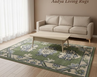 Grüner Vintage Oushak Teppich, Traditioneller Blumenteppich, Boho Decor