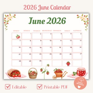 Peut inclure: Une page de calendrier pour juin 2026 sur fond blanc avec le mois et l'année en vert. La grille affiche les jours et les dates, ornée d'illustrations aquarelles de fraises, d'un panier, d'une brouette et d'un pot de confiture.