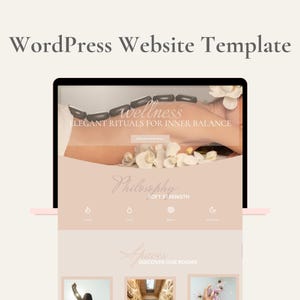 Peut inclure: Un modèle de site Web WordPress affiché sur un écran d'ordinateur noir. La conception du site Web présente une palette de couleurs douces et neutres avec le mot "wellness" et la phrase "Elegant Rituals for Inner Balance". Le mot "Philosophy" est également visible.