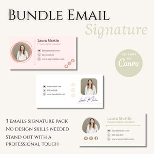 Peut inclure: Ensemble de trois modèles de signature d'e-mail avec un design rose clair et blanc. Chaque modèle présente une photo d'une femme, des coordonnées et des icônes de médias sociaux. Le texte comprend "BUNDLE EMAIL Signature" et "3 EMAILS SIGNATURE PACK".
