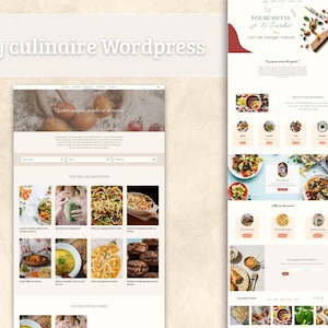 Può includere: Due mockup di siti web per un blog di cucina. Il primo mockup mostra una homepage con immagini di ricette e il testo "Blog culinaire Wordpress". Il secondo mockup mostra una landing page con il testo "Fourchette & Jardin" e immagini di cibo.