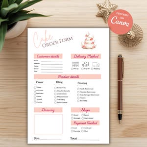 Peut inclure: Un formulaire de commande de gâteau imprimable avec des sections pour les coordonnées du client, les détails du produit et le mode de paiement. Le formulaire comprend des options pour les saveurs, les garnitures, les glaçages et la forme du gâteau.
