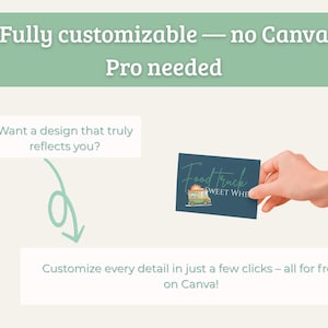 May include: Image shows a hand holding a dark blue business card with a food truck logo. The card reads "Food Truck Sweet Wheels". Text above says "Fully customizable - no Canva Pro needed".