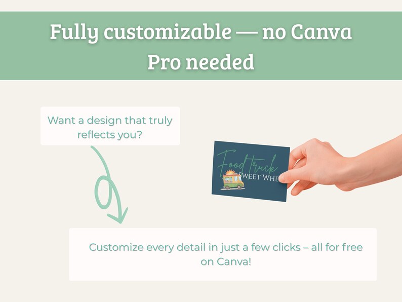 May include: Image shows a hand holding a dark blue business card with a food truck logo. The card reads "Food Truck Sweet Wheels". Text above says "Fully customizable - no Canva Pro needed".