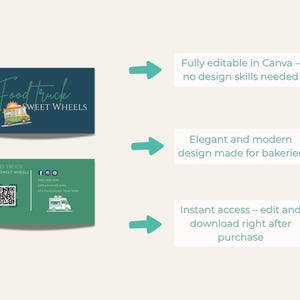 May include: Business card design for a food truck, featuring a teal and green color scheme. The front of the card displays the text "Food Truck Sweet Wheels" with a food truck illustration. The back includes contact information and a QR code.