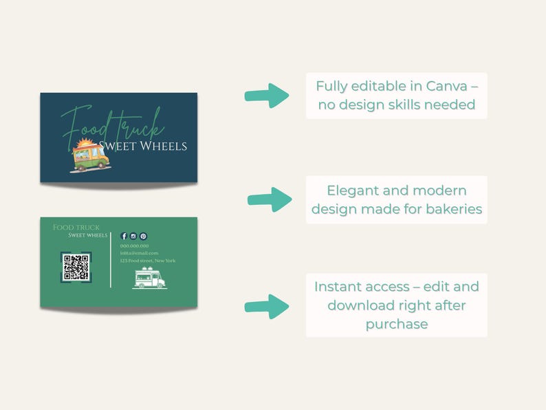 May include: Business card design for a food truck, featuring a teal and green color scheme. The front of the card displays the text "Food Truck Sweet Wheels" with a food truck illustration. The back includes contact information and a QR code.