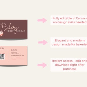 May include: Two business card designs for a bakery. The top card is brown with the bakery name and a macaron graphic. The bottom card is pink with bakery details and a QR code. Text on the image says "Fully editable in Canva", "Elegant and modern design", and "Instant access".