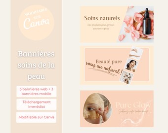 Skincare Banners for Websites – 3 Desktop + 3 Mobile Formats – Neutral Tones – Canva Templates – Customizable and Modern