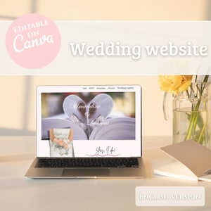 Peut inclure: Un ordinateur portable affichant la conception d'un site web de mariage avec le texte "Wedding website" et "Editable on Canva". Le site web présente un design en forme de cœur et les mots "Amandine & Laurent". Un carnet et un vase avec des fleurs jaunes sont également visibles.