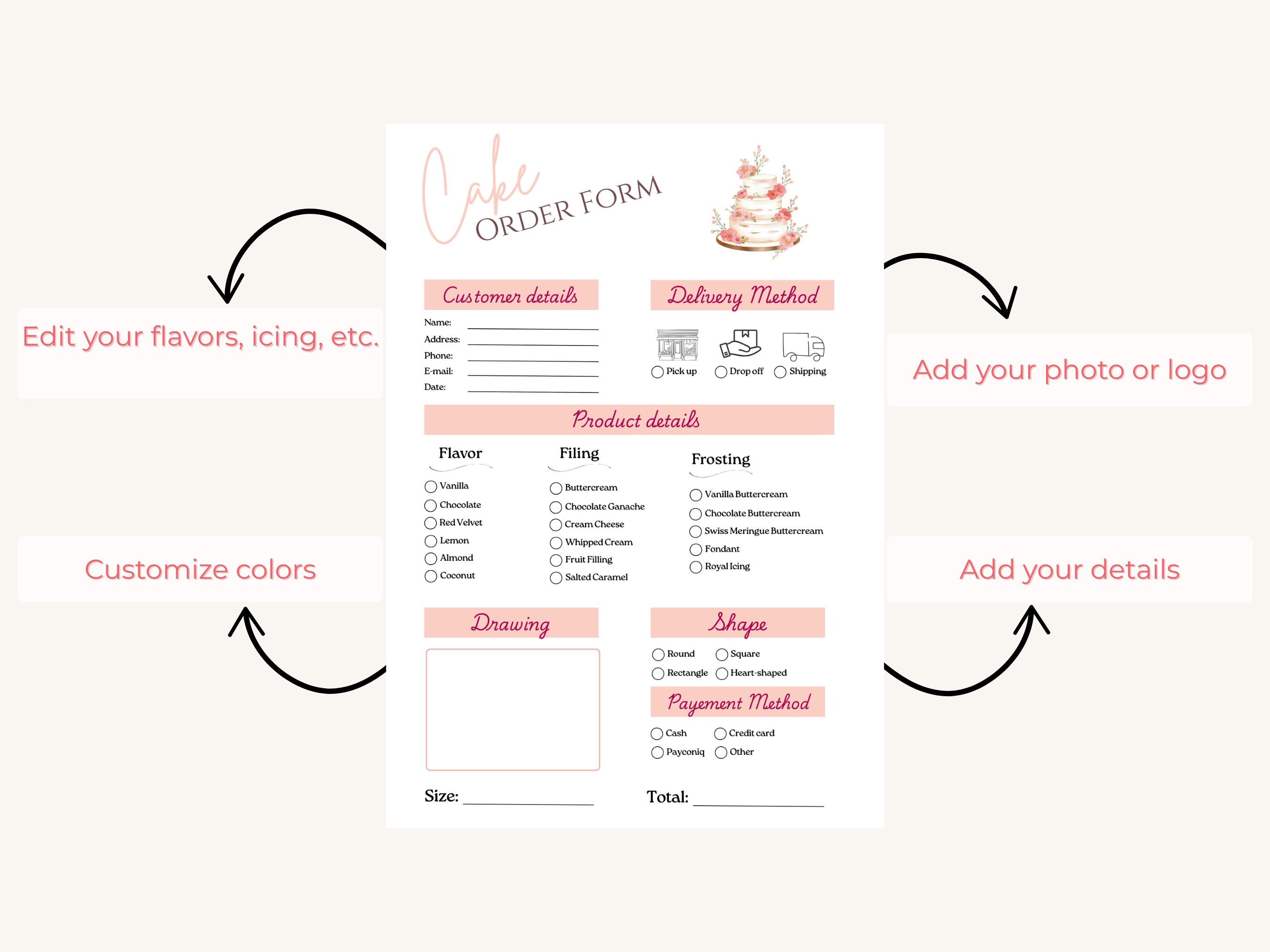 Cake Order Form Template | Bakery Order Form Printable, Custom Cake ...