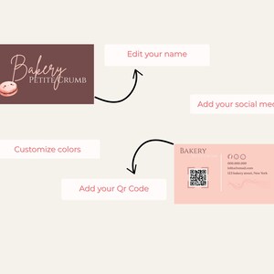 May include: A business card design for a bakery, featuring a logo with the text "Bakery Petite Crumb" and a macaron illustration. The design includes options to customize colors, edit the name, add a QR code, and social media links.