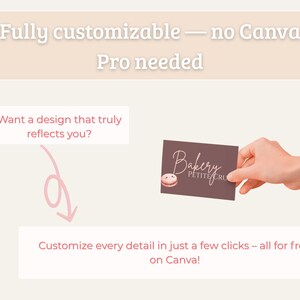 May include: A business card held by a hand, featuring the text "Bakery PETITE CRU" and a macaron illustration. The image promotes customizable designs on Canva, with text stating "Fully customizable - no Canva Pro needed."