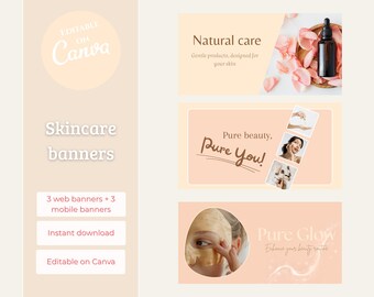 Skincare Website Banner Bundle – 3 Desktop + 3 Mobile Banners – Natural Tones – Editable Canva Templates – Clean, Minimal & Customizable