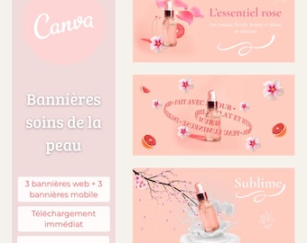 Pink Skincare Banners – 3 Desktop + 3 Mobile Sizes – Canva Beauty Visual Kit for Skincare Brands