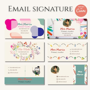 Peut inclure: Modèles de signatures électroniques avec le nom "Mrs Martin" et les coordonnées. Les designs incluent des arrangements floraux, des formes abstraites et des illustrations d'un hibou et de fournitures scolaires. Le texte "EMAIL SIGNATURE" est en haut.