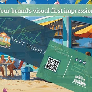 May include: Illustration of a food truck on a beach with the text "Food Truck Sweet Wheels." A business card with a QR code and contact information is also shown. People are sitting at a table.