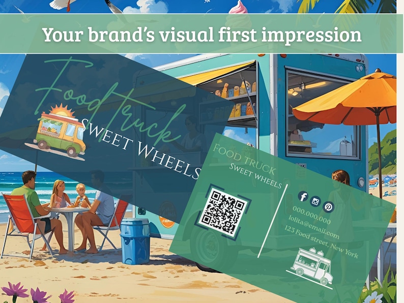 May include: Illustration of a food truck on a beach with the text "Food Truck Sweet Wheels." A business card with a QR code and contact information is also shown. People are sitting at a table.