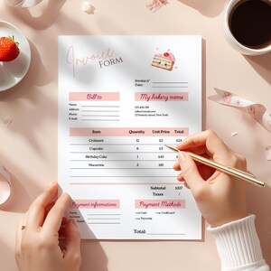 May include: A bakery invoice form with the title "Invoice FORM" in a handwritten font. The form includes sections for "Bill to" and "My bakery name". The itemized list includes croissants, cupcakes, birthday cake, and macarons. A hand holds a gold pen.