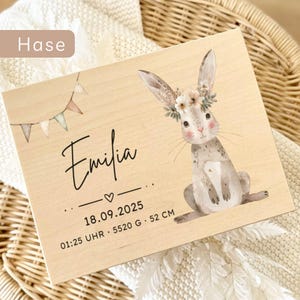 May include: Wooden plaque with a watercolor illustration of a bunny wearing a floral crown. The plaque includes the name "Emilia", birth date, time, weight (5520 g), and height (52 cm). The word "Hase" is in the top left corner.