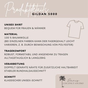 May include: A product details graphic for a Gildan 5000 unisex shirt. The text describes the shirt's material as 100% cotton, its comfort, and its processing with double-stitched seams. A line drawing of a t-shirt is on the right.