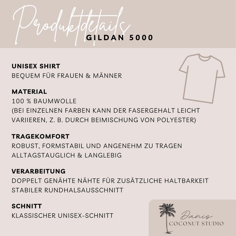 May include: A product details graphic for a Gildan 5000 unisex shirt. The text describes the shirt's material as 100% cotton, its comfort, and its processing with double-stitched seams. A line drawing of a t-shirt is on the right.