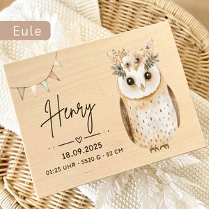 May include: A wooden plaque with an owl illustration and the name "Henry" in script. The owl has a floral crown. The plaque includes the date 18.09.2025, time, weight, and height (52 cm). A small banner is at the top left.