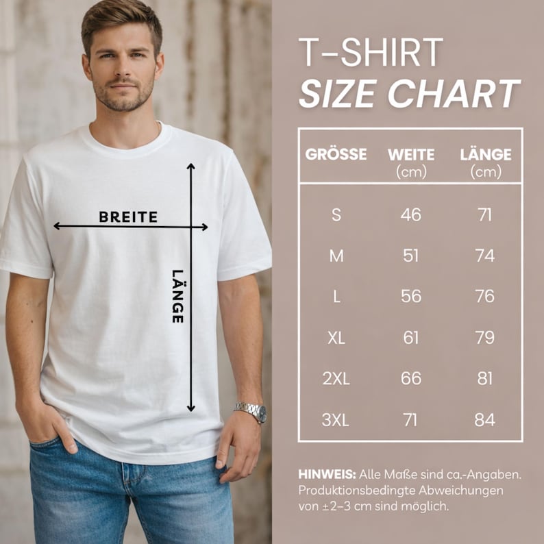 Op de afbeelding: Een wit t-shirt met een maattabel op de achtergrond. De tabel toont afmetingen in centimeters voor maten S tot 3XL. De tekst bevat "BREITE" en "L&Auml;NGE", wat breedte en lengte aangeeft.