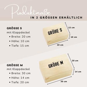 May include: Two wooden boxes, labeled "Gr&ouml;&szlig;e S" and "Gr&ouml;&szlig;e M", with dimensions in centimeters. The smaller box is 20 cm wide, 10 cm high, and 15 cm deep. The larger box is 30 cm wide, 14 cm high, and 20 cm deep.