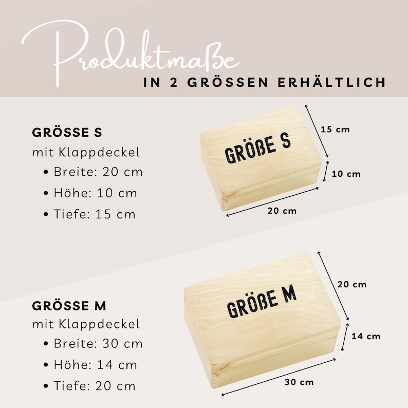 May include: Two wooden boxes, labeled "Gr&ouml;&szlig;e S" and "Gr&ouml;&szlig;e M", with dimensions in centimeters. The smaller box is 20 cm wide, 10 cm high, and 15 cm deep. The larger box is 30 cm wide, 14 cm high, and 20 cm deep.