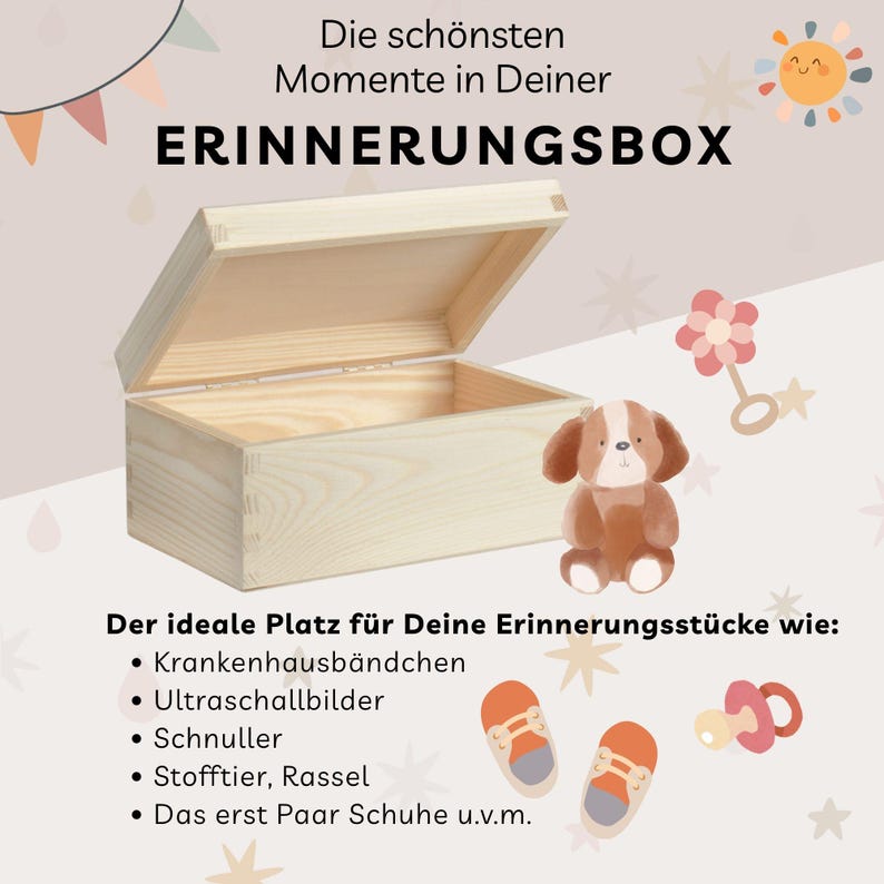 May include: A light-colored wooden memory box with an open lid, showcasing the interior. The box is accompanied by a plush dog, baby shoes, a pacifier, and a rattle. Text on the image reads "The most beautiful moments in your memory box."