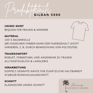 Op de afbeelding: Een productendetailgrafiek voor een Gildan 5000 unisex shirt. De tekst beschrijft het materiaal van het shirt als 100% katoen, het comfort en de verwerking met dubbel gestikte naden. Een lijntekening van een t-shirt staat in de rechterbovenhoek.
