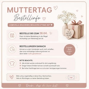May include: A Mother's Day information graphic with text in German, featuring a gift box with a pink ribbon, a small vase with flowers, and a heart-shaped wooden plaque. The text includes ordering deadlines and important notes.