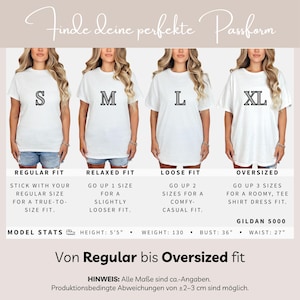 Op de afbeelding: Maattabel voor witte Gildan 5000 t-shirts, van Regular tot Oversized. Modellen dragen shirts met de maat S, M, L en XL. Tekst bevat "Model Stats: Lengte 165 cm, Gewicht 59 kg, Borst 91 cm, Taille 68 cm".