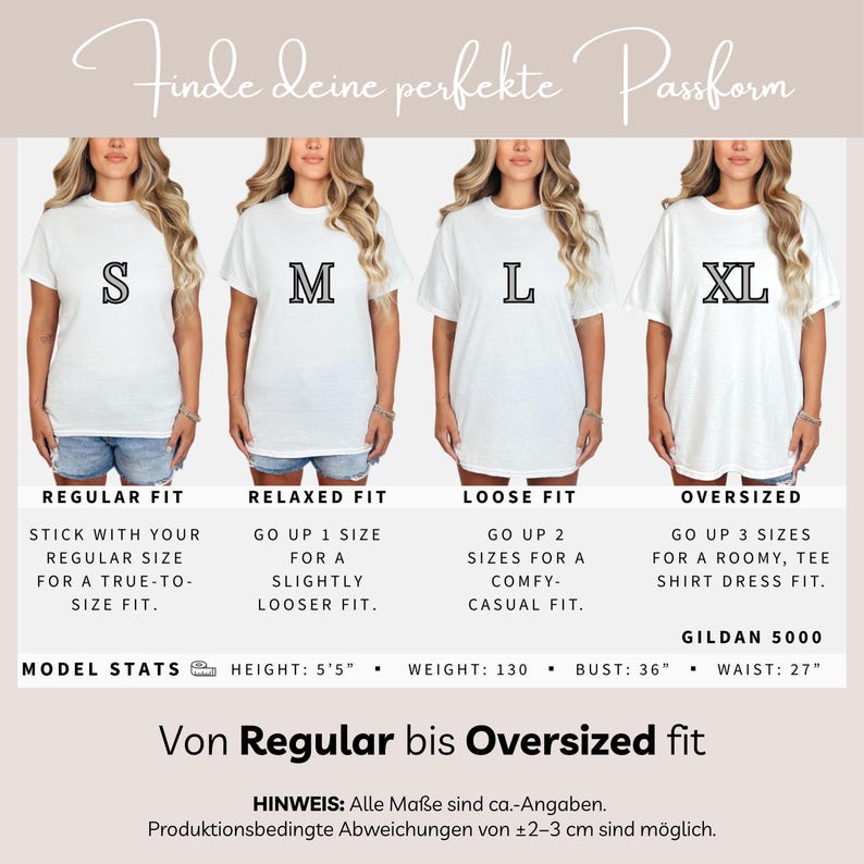 Op de afbeelding: Maattabel voor witte Gildan 5000 t-shirts, van Regular tot Oversized. Modellen dragen shirts met de maat S, M, L en XL. Tekst bevat "Model Stats: Lengte 165 cm, Gewicht 59 kg, Borst 91 cm, Taille 68 cm".