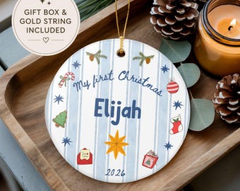 Babys First Christmas Ornament, Personalized Baby's First Xmas Ornament with Baby Name, Baby Boy Keepsake Ceramic Ornament, New Baby Gift