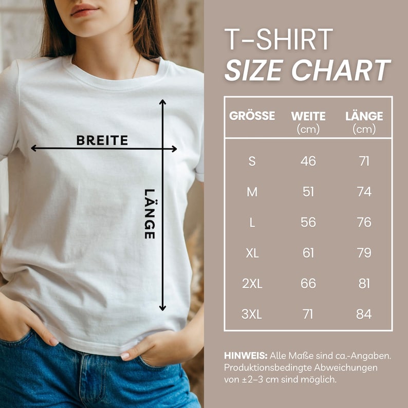 May include: A white t-shirt with a size chart. The chart displays measurements in centimeters for sizes S to 3XL, including width and length. The text on the chart reads "T-SHIRT SIZE CHART".
