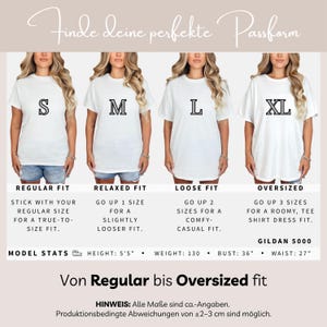 May include: Image showing a size guide for white Gildan 5000 t-shirts, from Regular to Oversized fit. Models wear shirts labeled S, M, L, and XL. Text includes "Model Stats: Height 5'5", Weight 130 lbs, Bust 36", Waist 27". Instructions on sizing are also included.