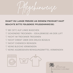May include: A beige graphic with the text "Pflegehinweise" and care instructions for clothing. Includes icons of a washing machine, a 30-degree symbol, and a t-shirt. The bottom right corner features the "Danis Coconut Studio" logo.
