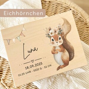 May include: Wooden plaque featuring a watercolor illustration of a squirrel wearing a floral crown. The plaque includes the name "Luna", birth date, time, weight (5520 g), and height (52 cm). The text "Eichh&ouml;rnchen" is at the top.
