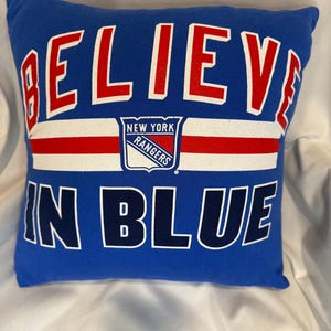 New York Rangers “Believe in Blue” Throw Pillow – Insert Included | 15x15 | Removable & Washable Cover | Upcycled NHL T-Shirt