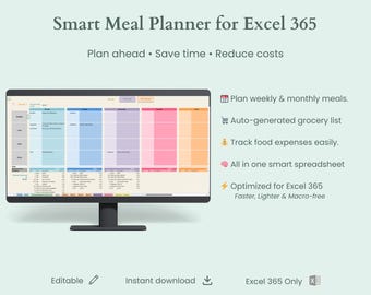 May include: A computer monitor displays a colorful spreadsheet labeled "Smart Meal Planner for Excel 365." The screen shows a weekly and monthly meal plan, with options for grocery lists and expense tracking. The text reads "Plan ahead • Save time • Reduce costs."