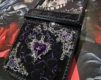 Gothic Luminous Purple Heart Cross Phone Case with Hinge Protection, Custom Galaxy Z Flip Motorola Razr Ultra