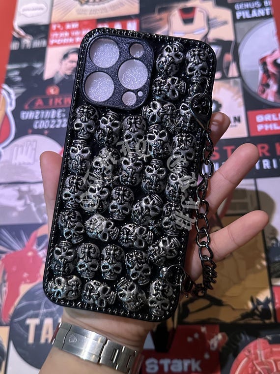 Gothic Silver Skull Phone Case with Hand Chain, Punk Y2K Style