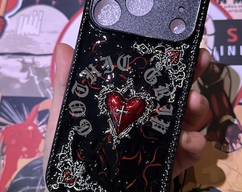 Gothic Luminous Red Heart Cross Phone Case, Punk Y2K Style