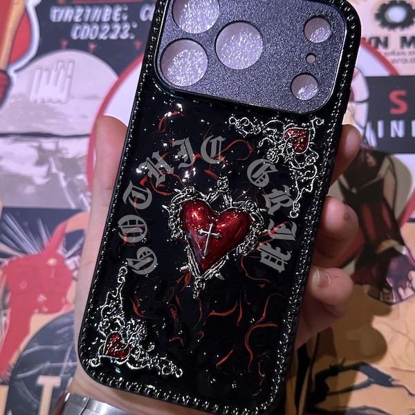 Gothic Luminous Red Heart Cross Phone Case, Punk Y2K Style