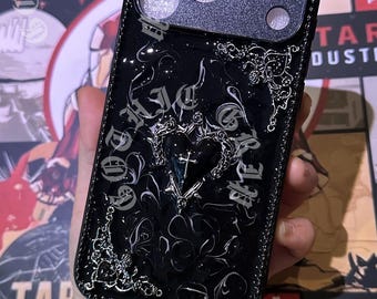 Gothic Luminous Black Heart Cross Phone Case, Punk Y2K Style